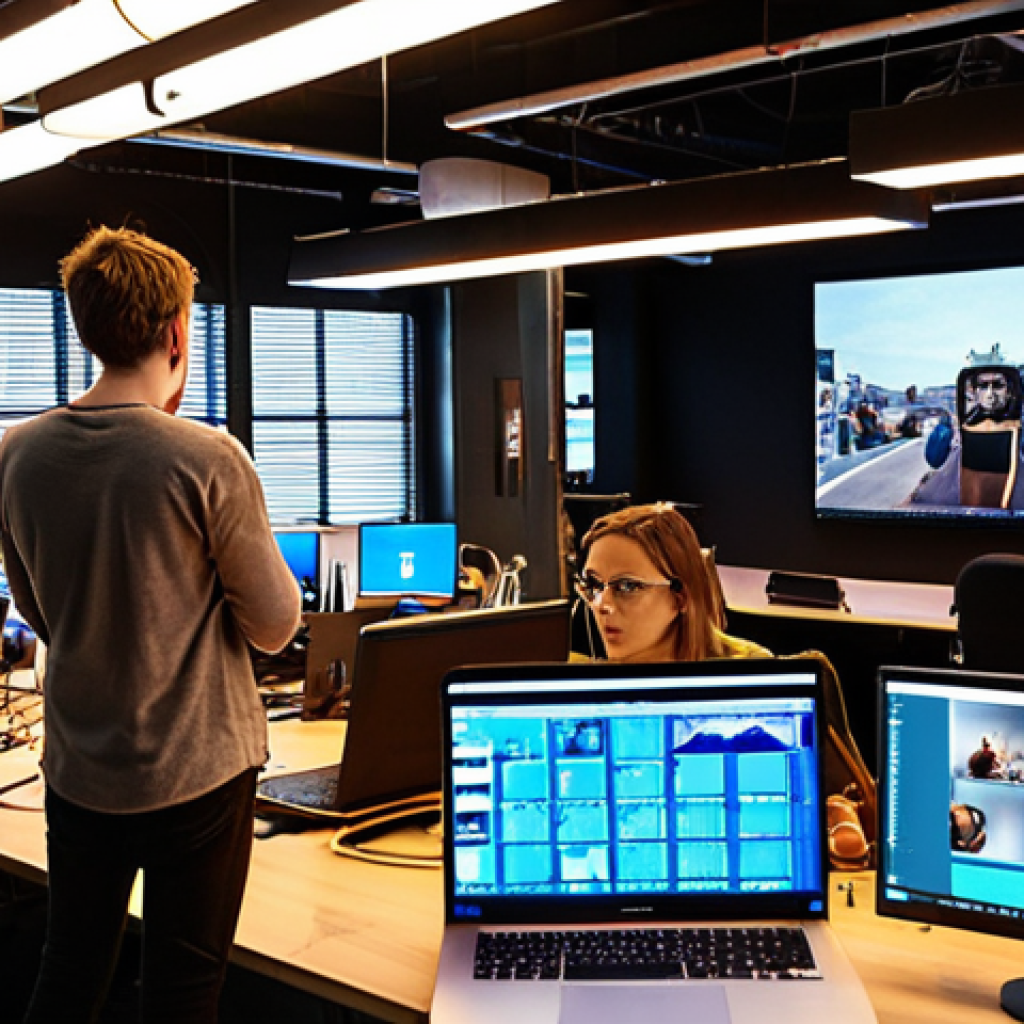 **A bustling co-working space filled with young, creative professionals collaborating on video projects. Laptops displaying video editing software, cameras, and lighting equipment are visible. The atmosphere is energetic and innovative, showcasing the collaborative nature of the video production industry.**