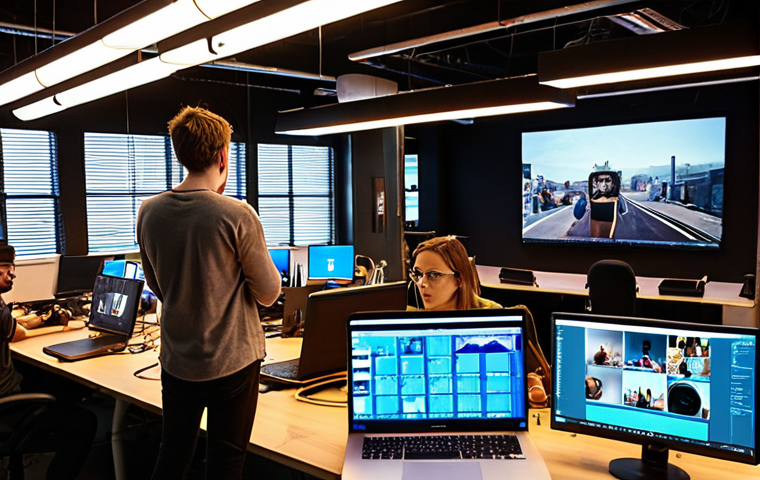 **A bustling co-working space filled with young, creative professionals collaborating on video projects. Laptops displaying video editing software, cameras, and lighting equipment are visible. The atmosphere is energetic and innovative, showcasing the collaborative nature of the video production industry.**