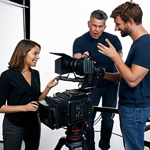Home 14 **Dynamic teamwork in video production:** Capture a diverse group of video professionals collaborating on set, showcasing communication, problem-solving, and a positive, respectful environment. Emphasize modern equipment and a sense of creative energy.