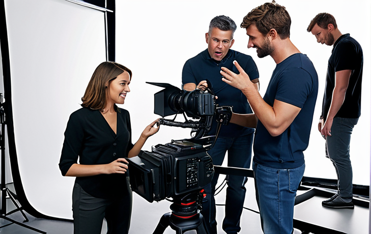 **Dynamic teamwork in video production:** Capture a diverse group of video professionals collaborating on set, showcasing communication, problem-solving, and a positive, respectful environment. Emphasize modern equipment and a sense of creative energy.