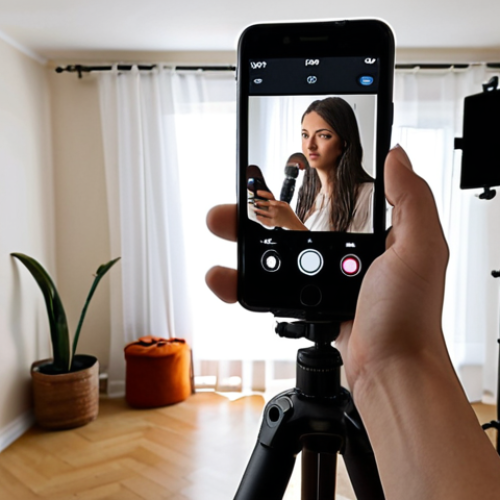 Home 7 **
A person creating a video on a smartphone with simple equipment (tripod, microphone, ring light) in a home setting. The focus is on resourcefulness and accessibility of video creation. Emphasis on natural light if possible.
**