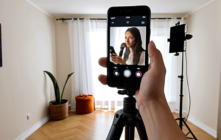 **
A person creating a video on a smartphone with simple equipment (tripod, microphone, ring light) in a home setting. The focus is on resourcefulness and accessibility of video creation. Emphasis on natural light if possible.
**