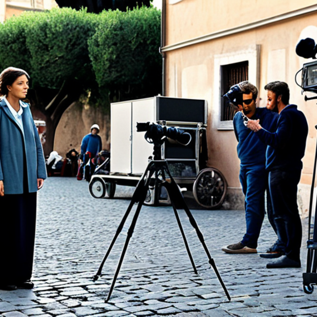 **

"A film director, professional and focused, on a movie set in Rome. She is fully clothed in modest attire, directing actors. Background shows film equipment and crew members. Perfect anatomy, correct proportions, natural pose. Safe for work, appropriate content, professional, family-friendly, high quality."

**