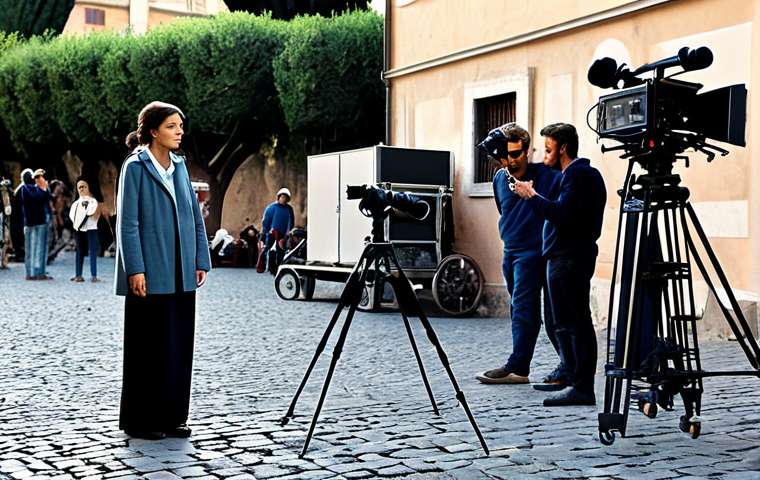 **

"A film director, professional and focused, on a movie set in Rome. She is fully clothed in modest attire, directing actors. Background shows film equipment and crew members. Perfect anatomy, correct proportions, natural pose. Safe for work, appropriate content, professional, family-friendly, high quality."

**