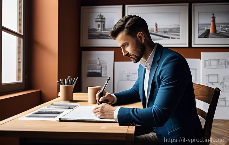 영상제작 장기 프로젝트 관리 팁 - **Detailed Project Planning and Vision:** A focused male video project director in his late 30s, wea...