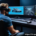 Home 21 영상제작 직무에서의 커리어 전환 사례 - A modern video production studio showcasing a professional AR/VR specialist working intensely on a 3...