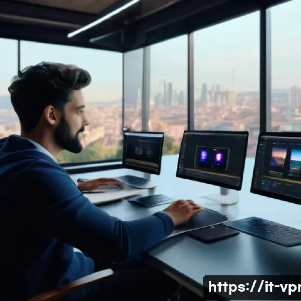 영상제작 분야의 최신 트렌드 - A modern video editing studio scene featuring a diverse team of Italian video creators collaborating...