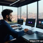 Home 18 영상제작 분야의 최신 트렌드 - A modern video editing studio scene featuring a diverse team of Italian video creators collaborating...