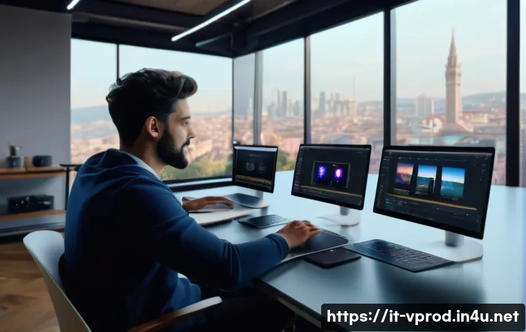 영상제작 분야의 최신 트렌드 - A modern video editing studio scene featuring a diverse team of Italian video creators collaborating...