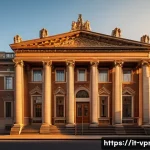 Home 23 촬영 구도와 빛 활용 팁 - A symmetrical urban scene at golden hour, featuring a historic building with perfectly aligned colum...