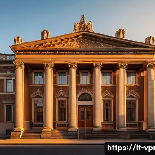 Home 17 촬영 구도와 빛 활용 팁 - A symmetrical urban scene at golden hour, featuring a historic building with perfectly aligned colum...