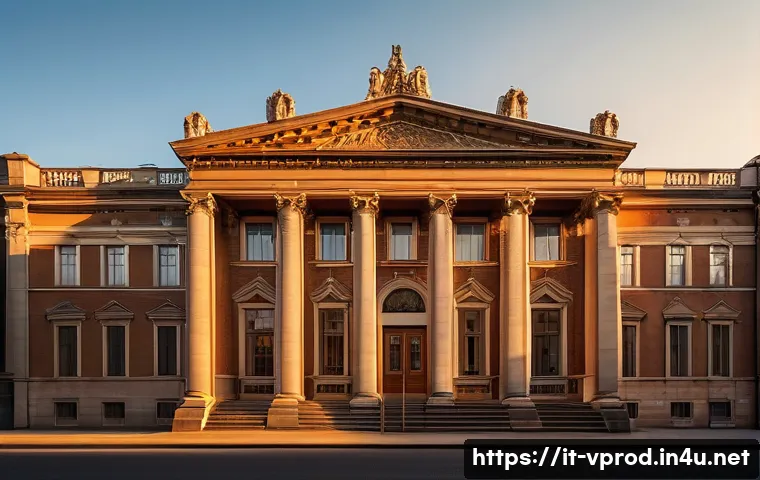 촬영 구도와 빛 활용 팁 - A symmetrical urban scene at golden hour, featuring a historic building with perfectly aligned colum...