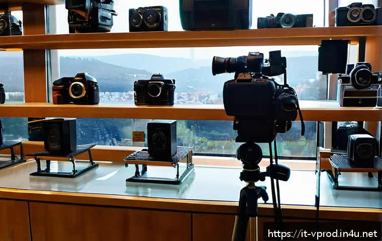 촬영 장비 렌탈 팁과 주의사항 - A professional photography rental shop interior in a bustling Italian city, showcasing a wide array ...