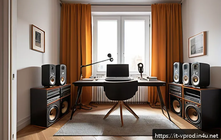 영상제작 중 소음 문제 해결법 - A cozy home recording setup in a small, acoustically treated room typical of an Italian urban apartm...