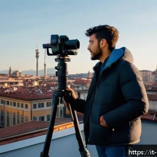 Home 30 영상제작 직업군별 평균 연봉 - A professional videomaker on an urban rooftop in Milan during golden hour, holding a high-end camera...