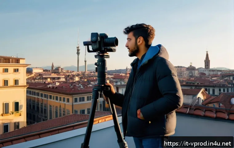 영상제작 직업군별 평균 연봉 - A professional videomaker on an urban rooftop in Milan during golden hour, holding a high-end camera...