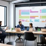 Home 23 영상제작 워크플로우 최적화 방법 - A modern, well-organized video production planning meeting in an Italian creative studio, featuring ...