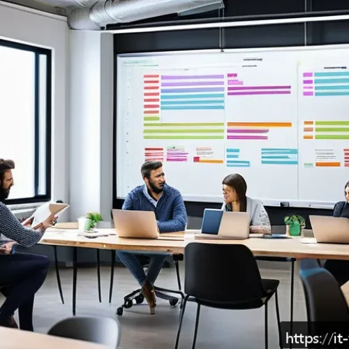 Home 17 영상제작 워크플로우 최적화 방법 - A modern, well-organized video production planning meeting in an Italian creative studio, featuring ...