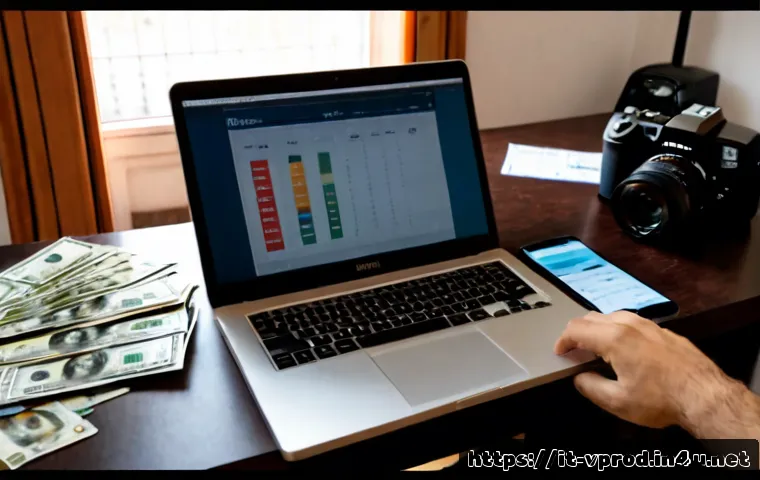 프리랜서 영상제작자의 수입 관리 방법 - Photorealistic Italian freelance video creator at a tidy home studio desk in Milan, reviewing a mont...