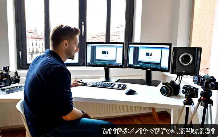 영상제작 업무의 장점과 단점 - Photorealistic Italian video production editor in a bright Milan creative studio, seated at a clean ...